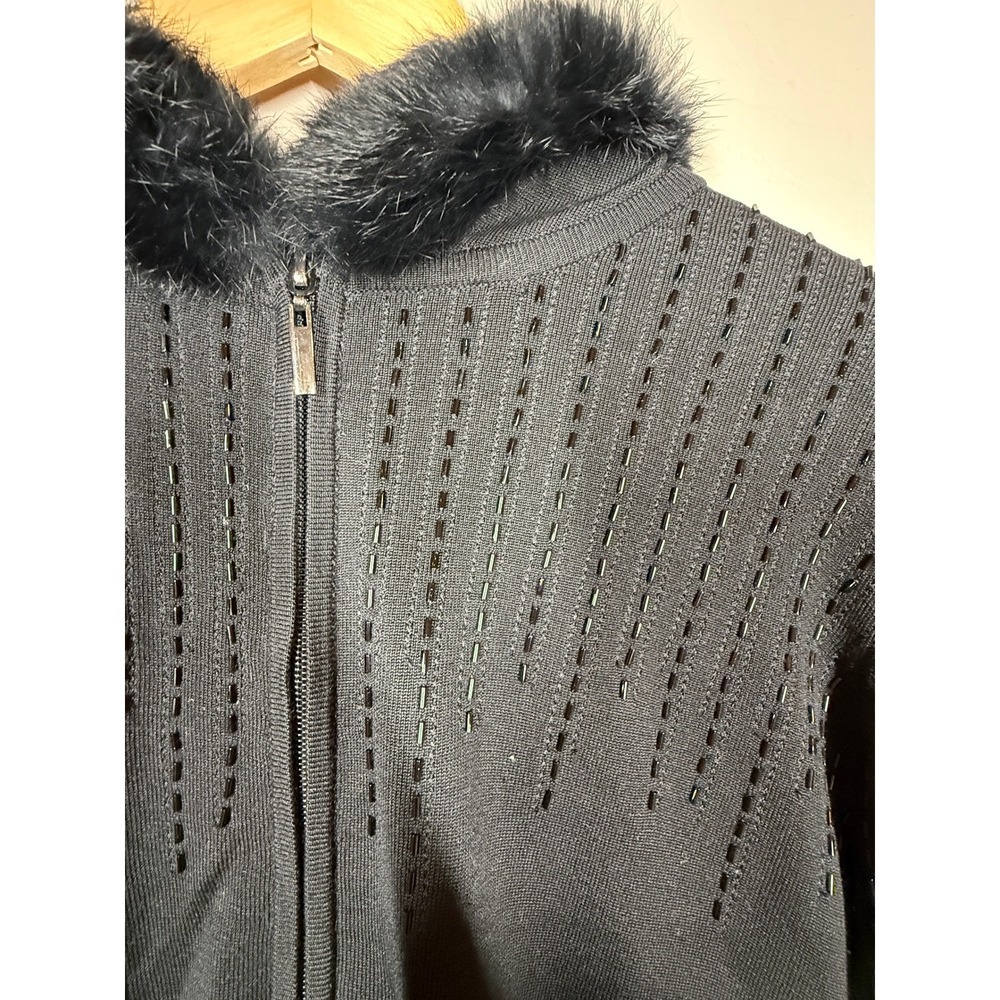 Cache Y2K Cardigan Sweater Zip Up Beaded Fur Trim Hooded Silk Blend Black ‎ M - Picture 12 of 13